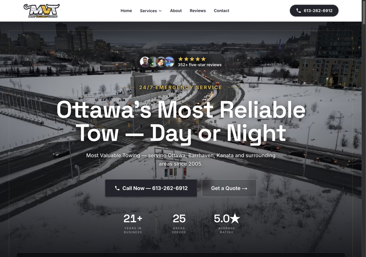 Most Valuable Towing homepage — night tow-truck hero, 352+ five-star reviews, built by Yoshi